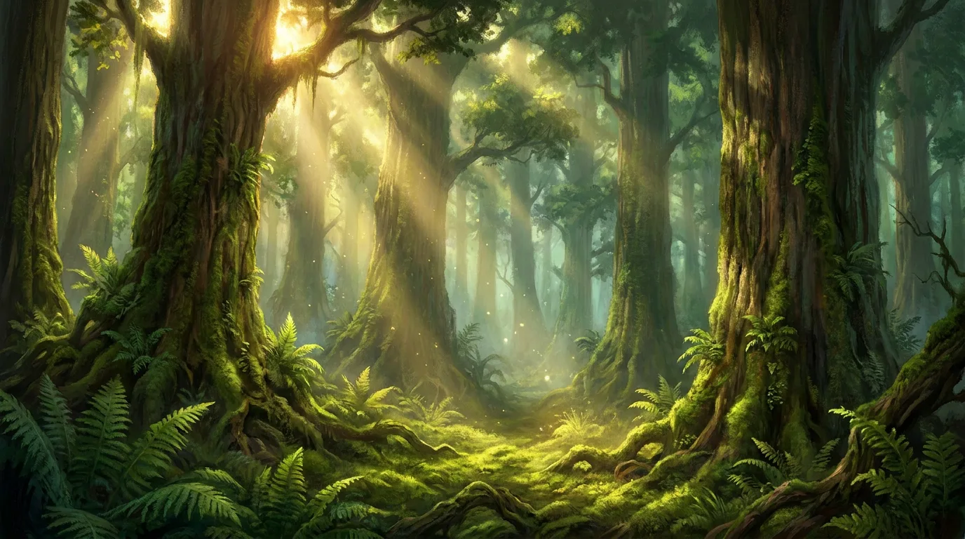 A painted deep ancient forest with sunbeams falling through tall mist-wreathed trees onto a mossy floor